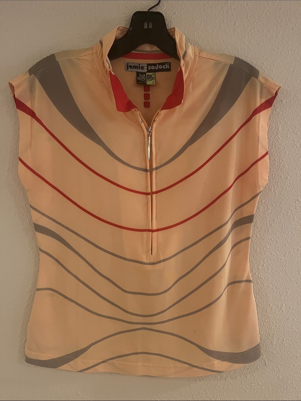 jamie sadock Peach Sleeveless Zip Golf Top with Gray and Red Stripes